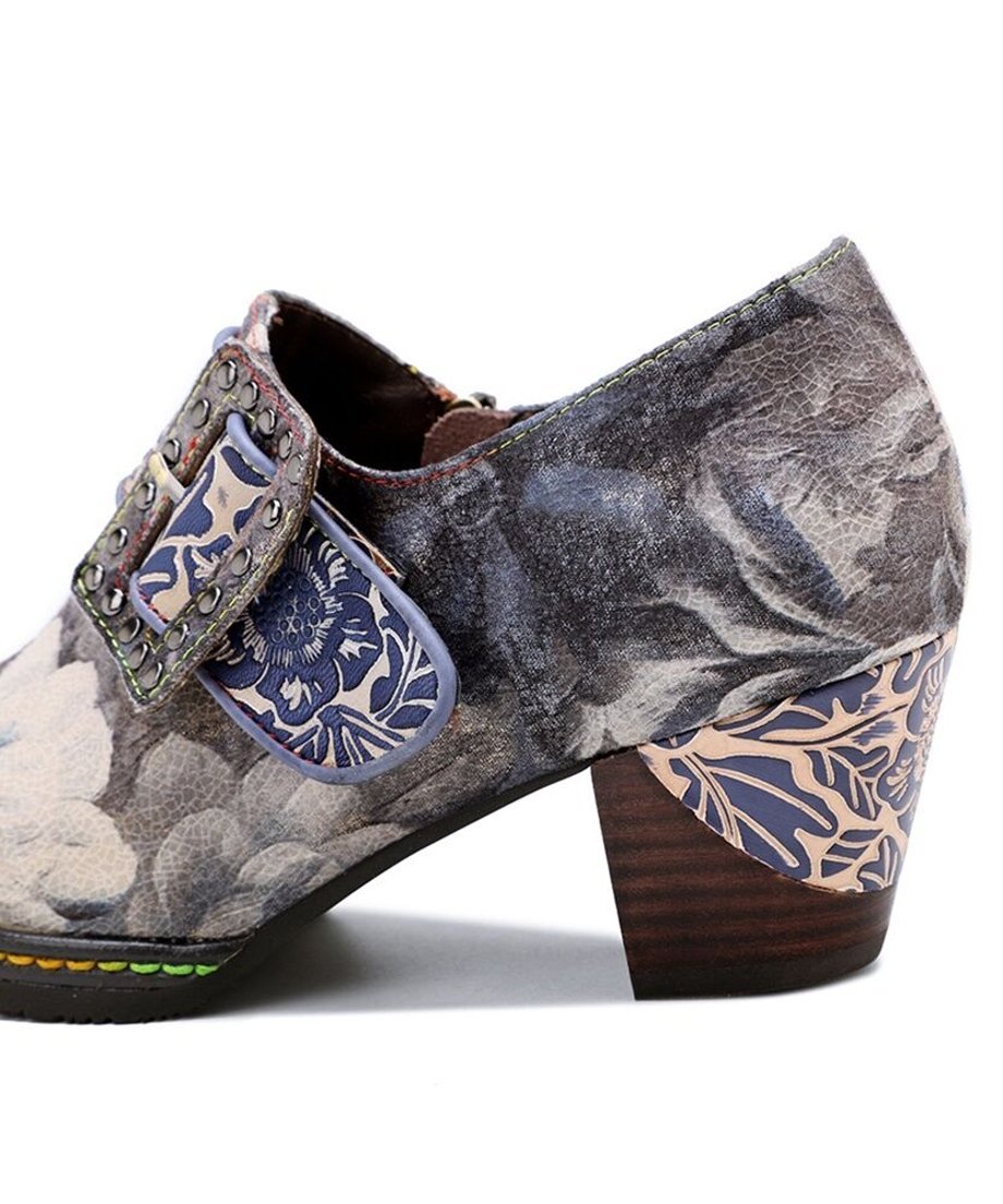 Vintage Floral Buckle Artistic Heel Shoes
