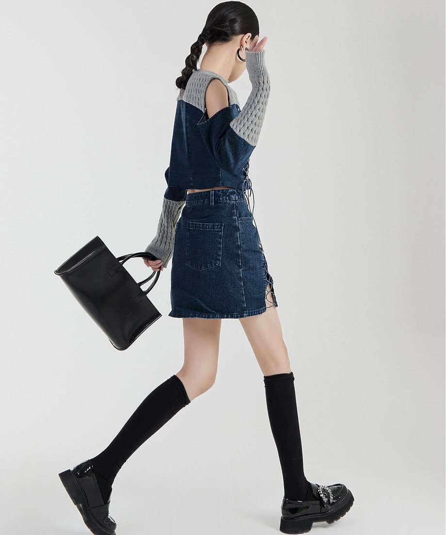 Open Shoulder Denim Top