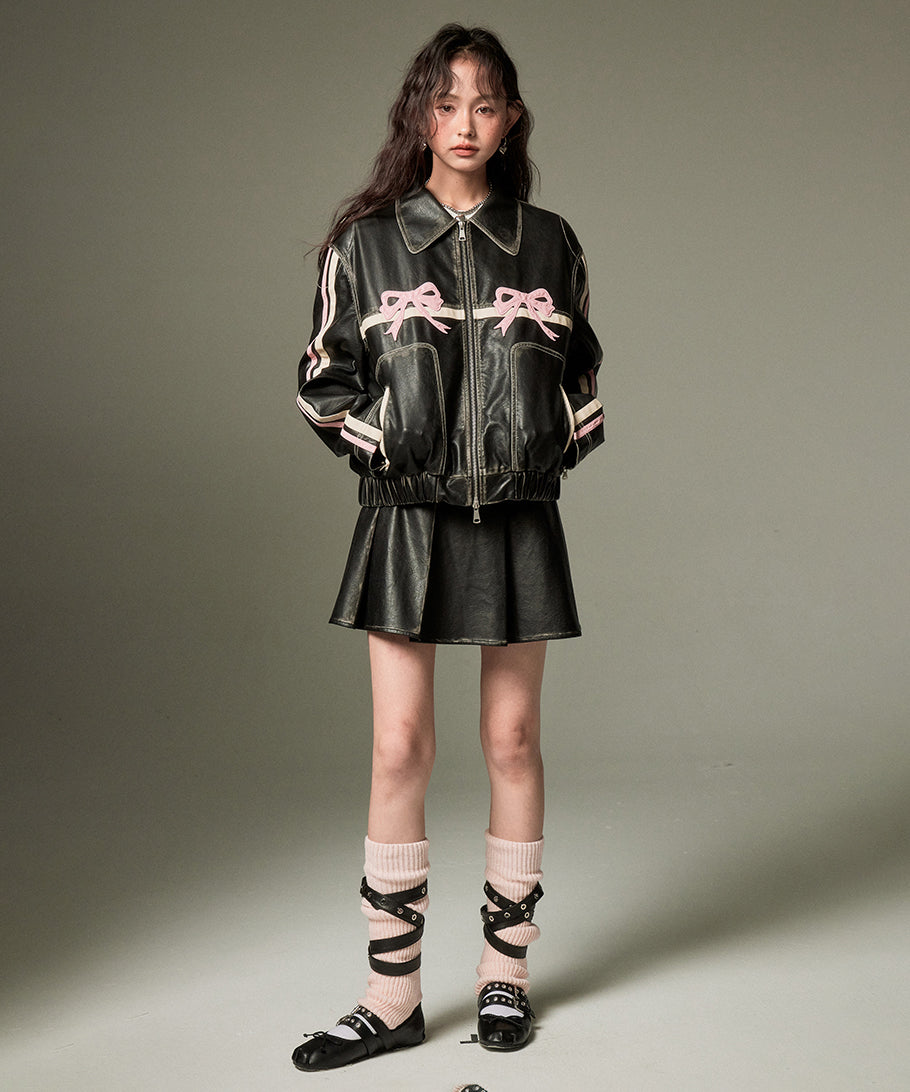 Ribbon Patchwork Faux Leather Jacket