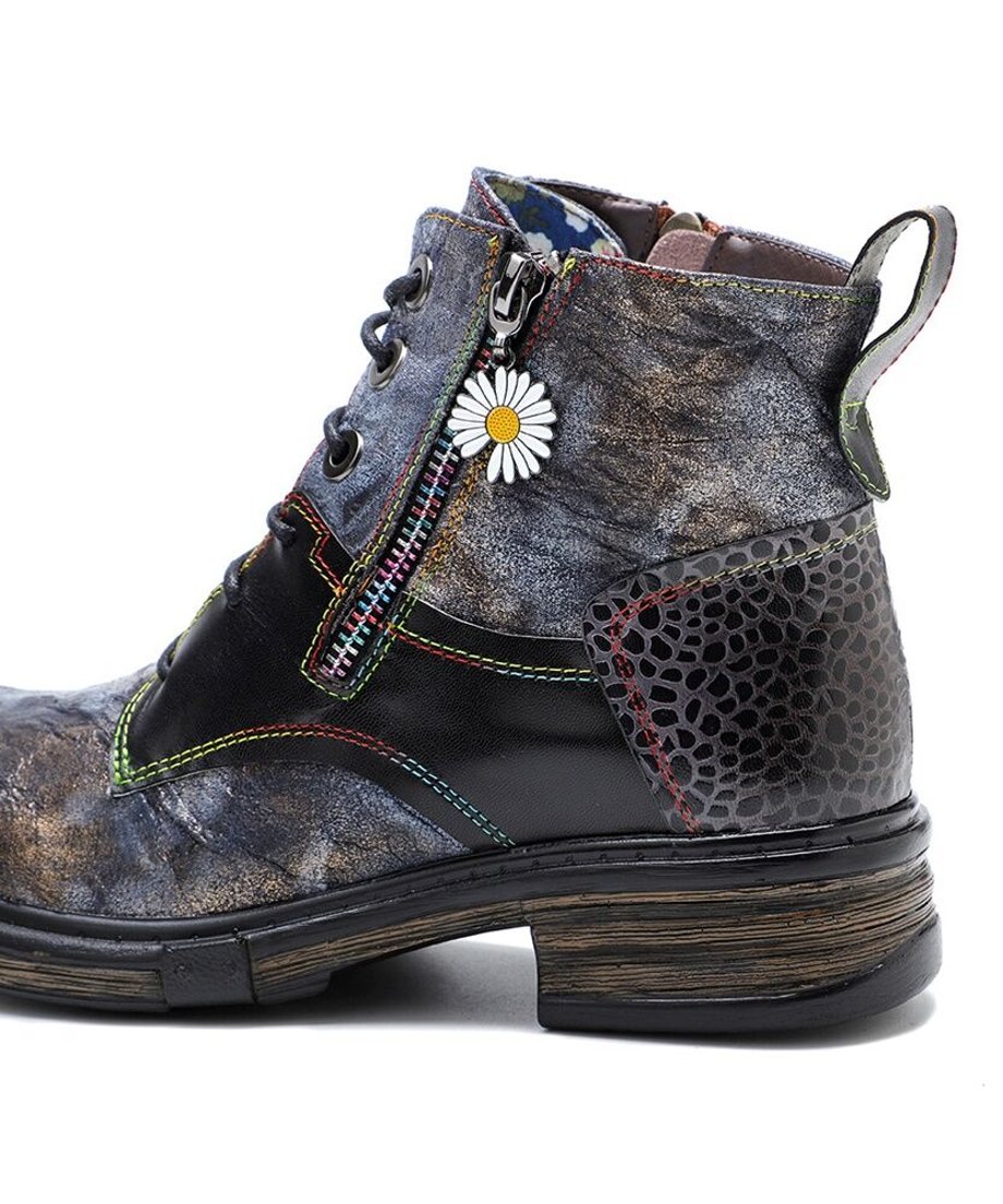 Vintage Patchwork Daisy Combat Boots
