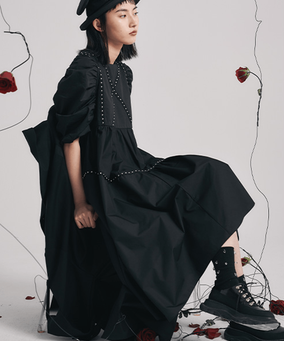 Studded Puff Sleeve Flare Dress