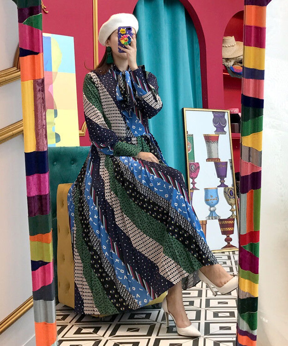 Retro Print Bowtie Dress