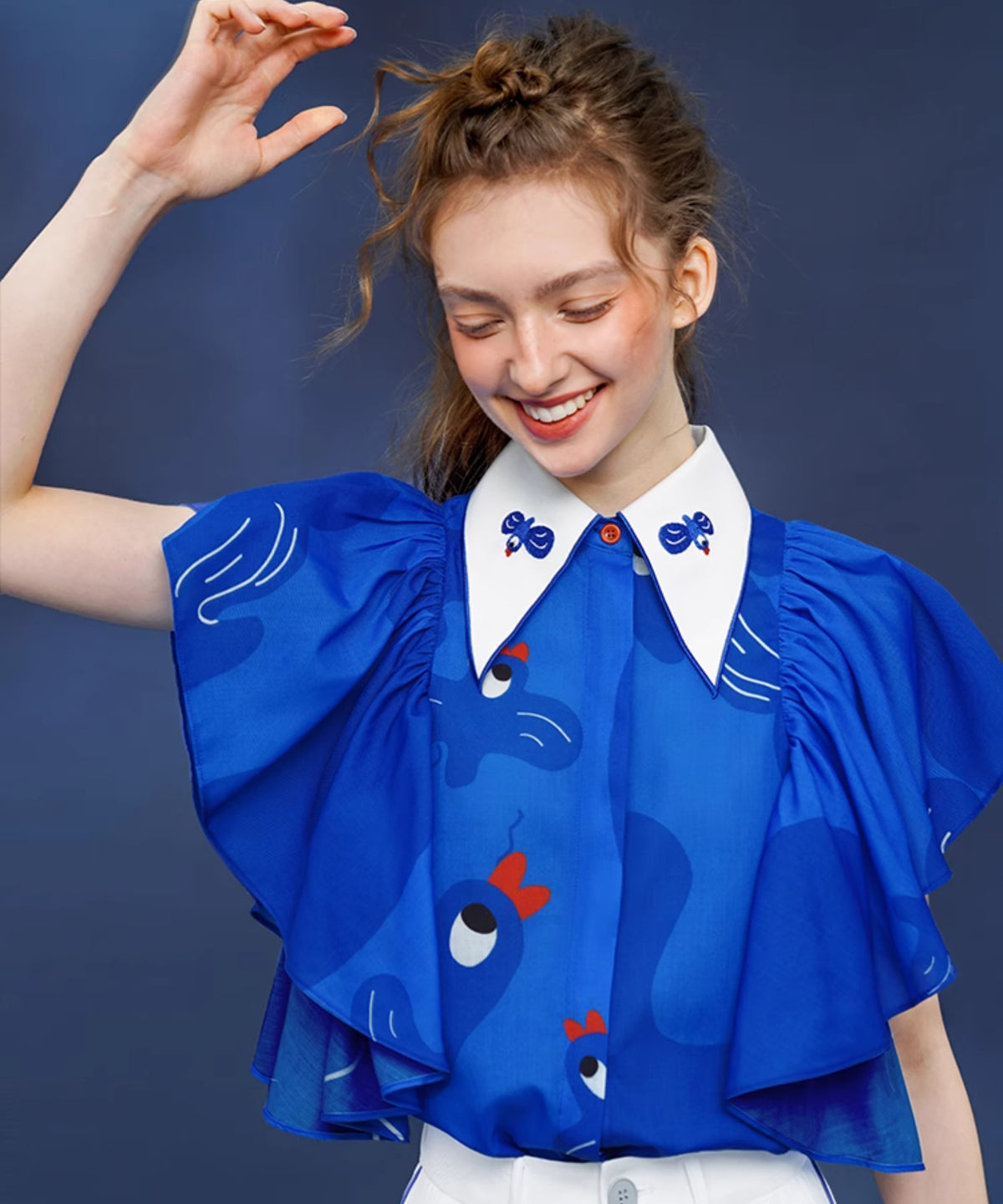 Blue Bird Ruffle Sleeve Blouse