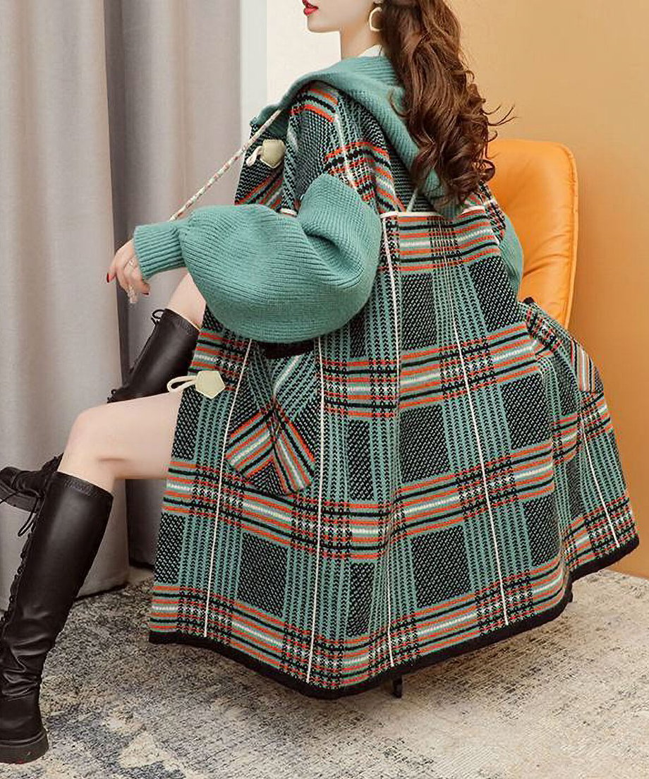Plaid Patchwork Knit Hooded Jacket
