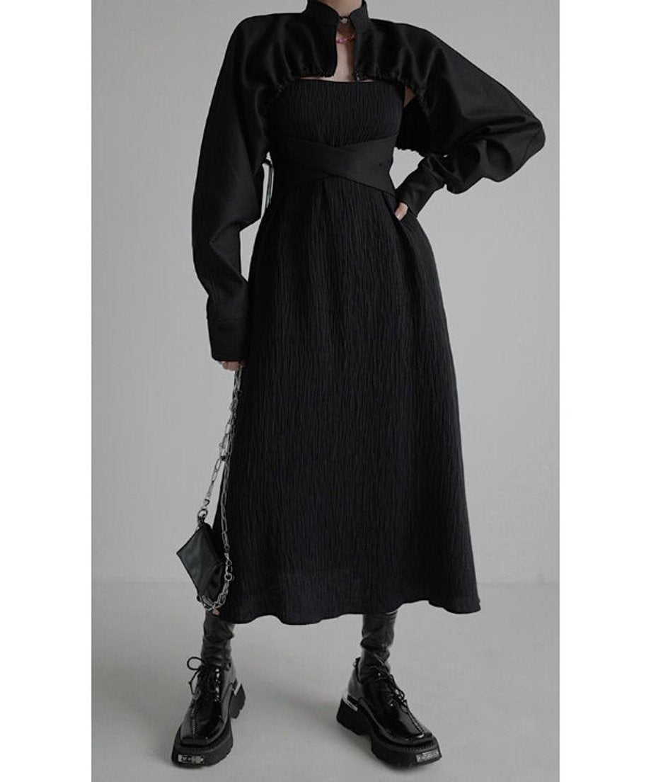 Crinkled Square Neck Long Dress