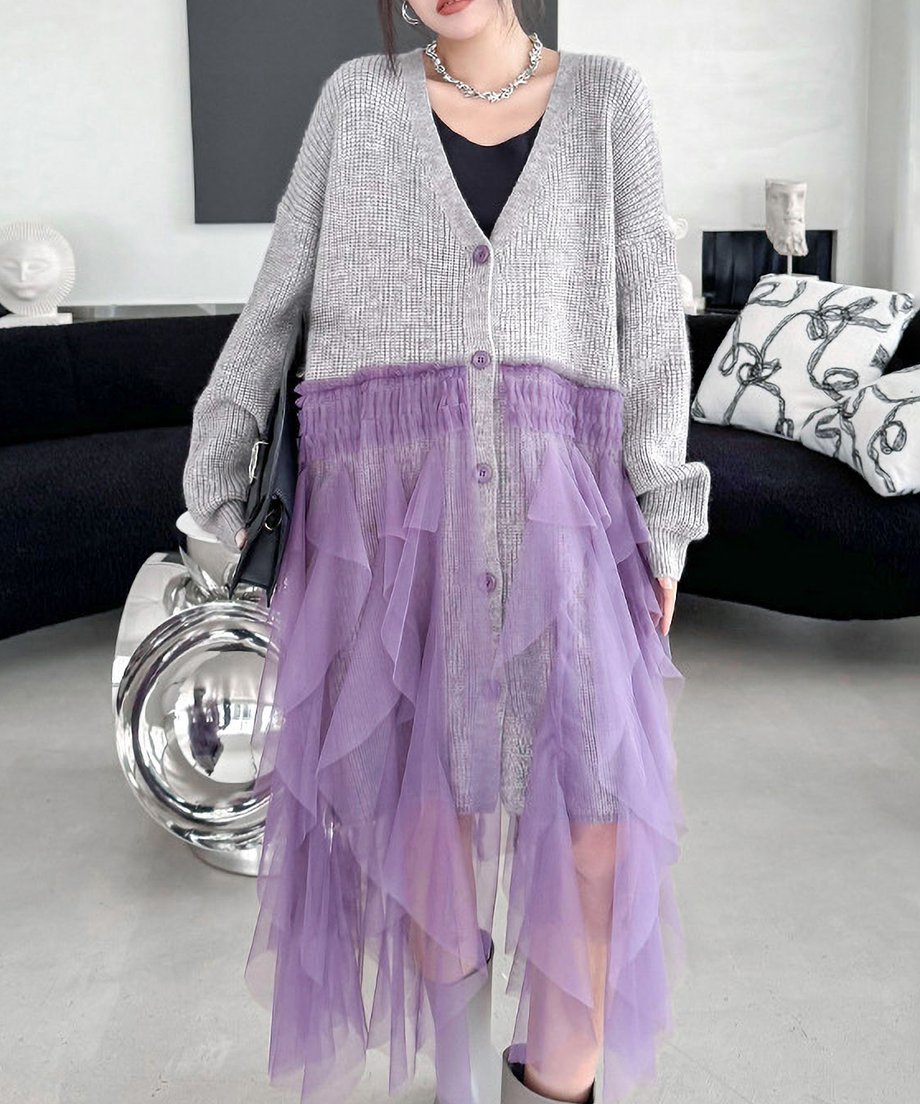 Ruffle Tulle Long Cardigan
