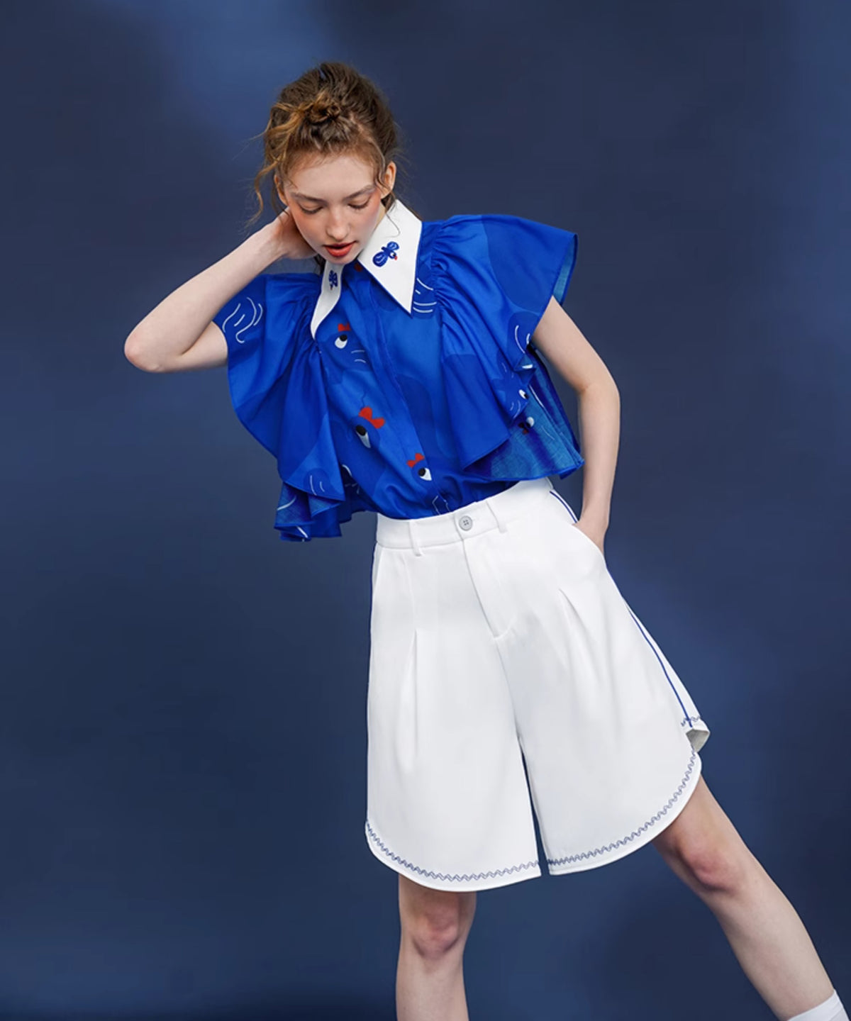 Blue Bird Ruffle Sleeve Blouse