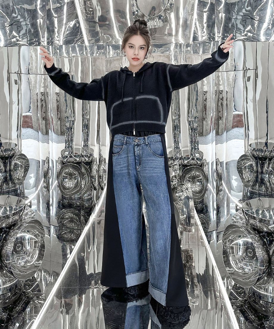 Layered Wide Panel Denim Pants