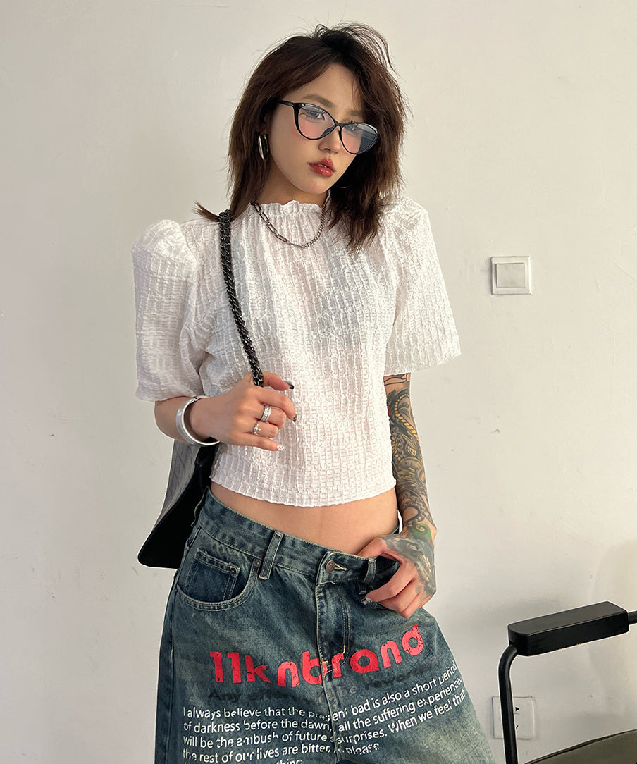Puff Sleeve Ripple-fabric Top