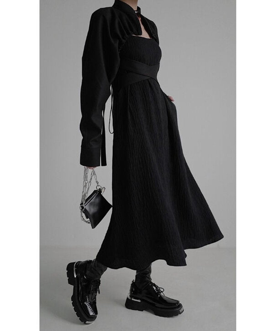 Crinkled Square Neck Long Dress