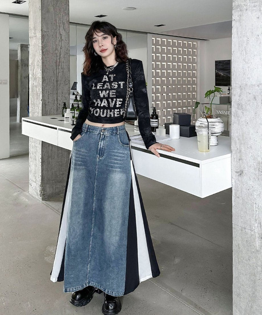 Hybrid Denim Flare Maxi Skirt