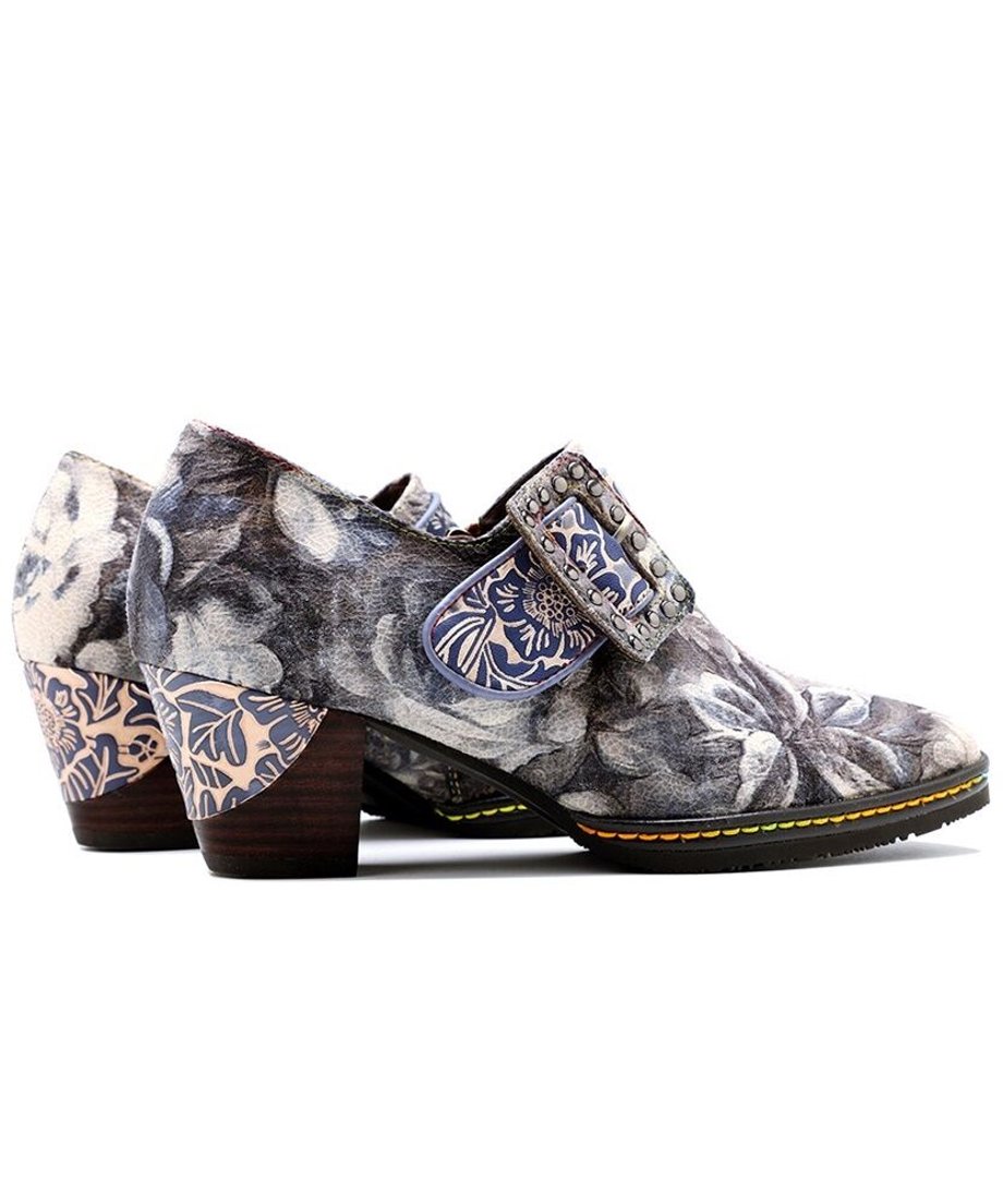 Vintage Floral Buckle Artistic Heel Shoes