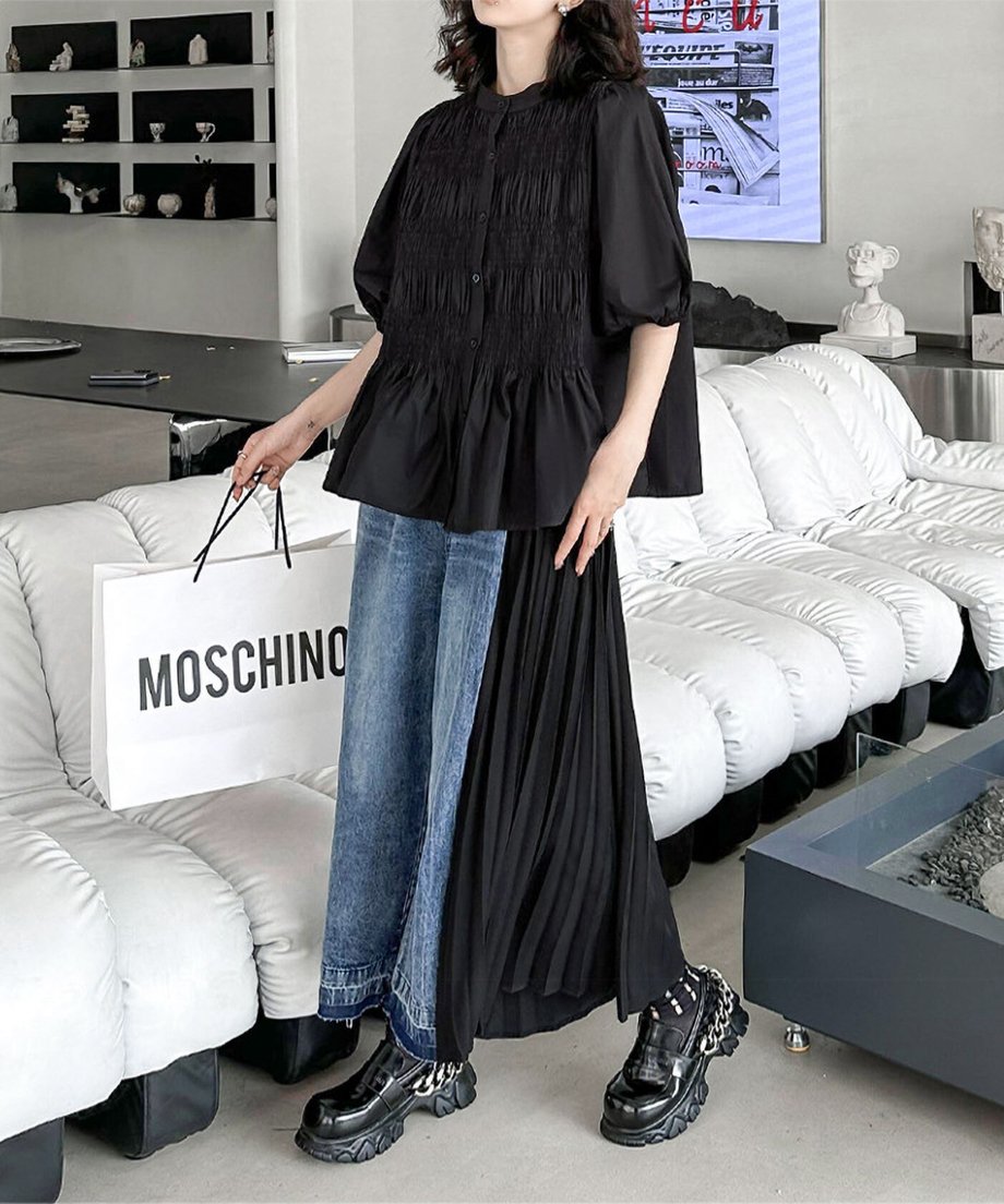 Side Pleat Denim Pants