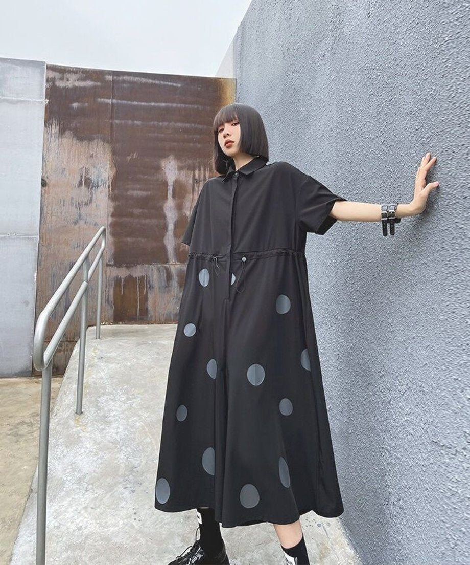 Polka Dot Drawstring Shirt Jumpsuit