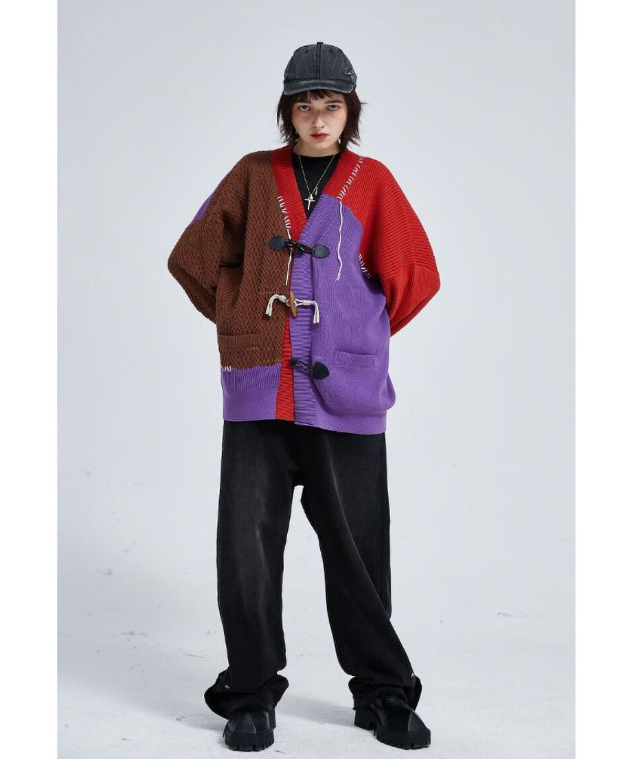 Two-Tone Patchwork Knit Cardigan