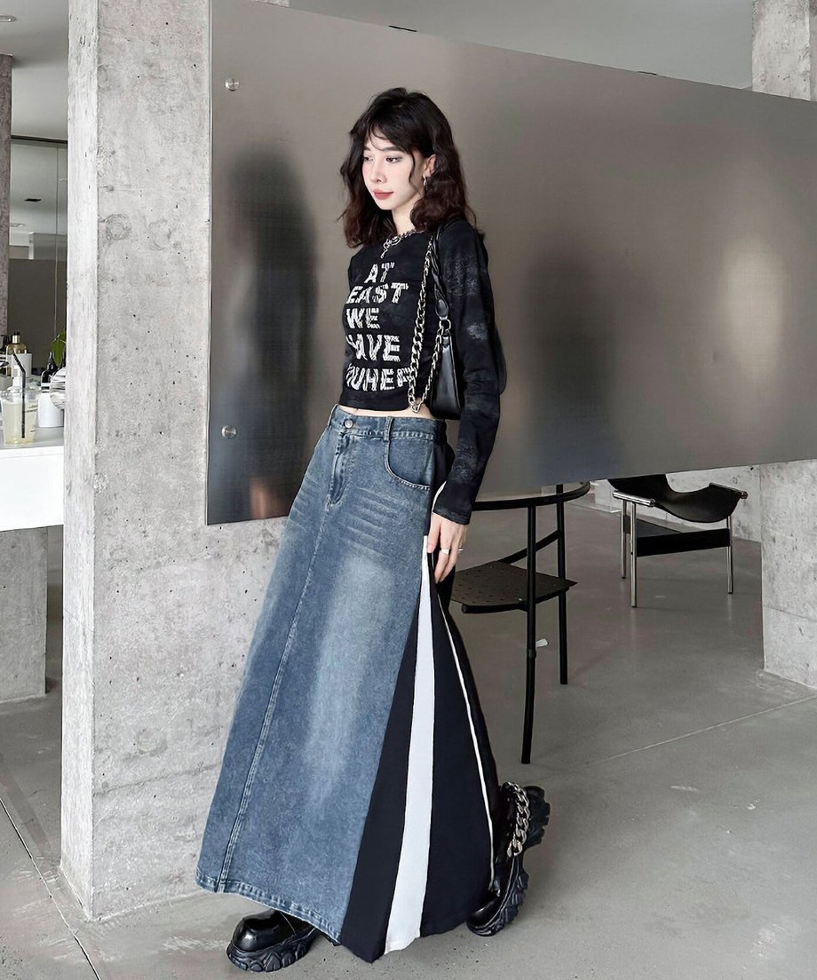 Hybrid Denim Flare Maxi Skirt