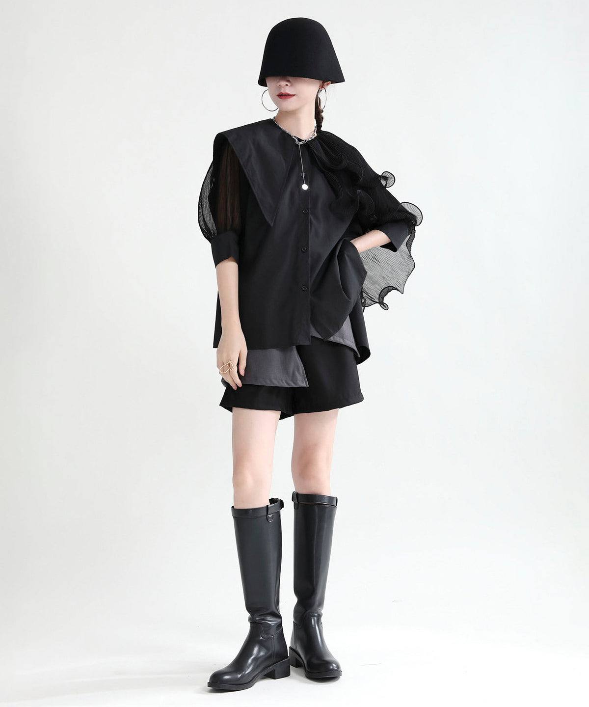 Ruffle Pleated Short Blouse