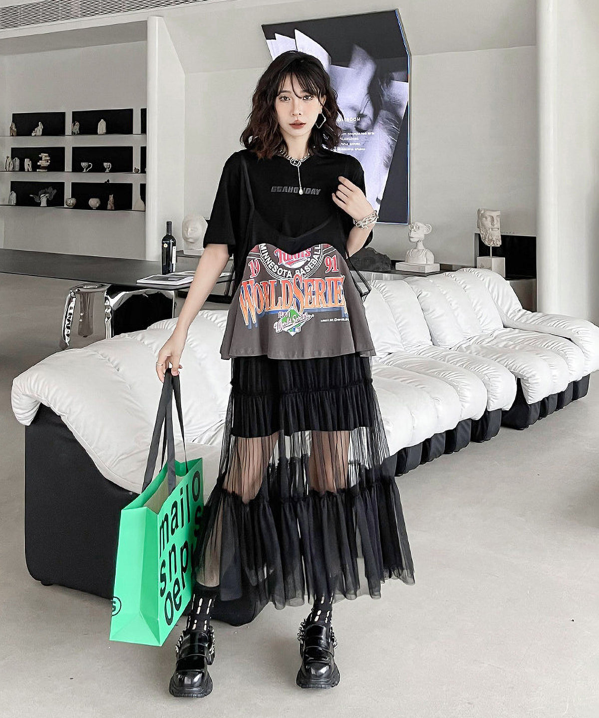 Loose T-shirts &amp; Mesh Dress Co-ord