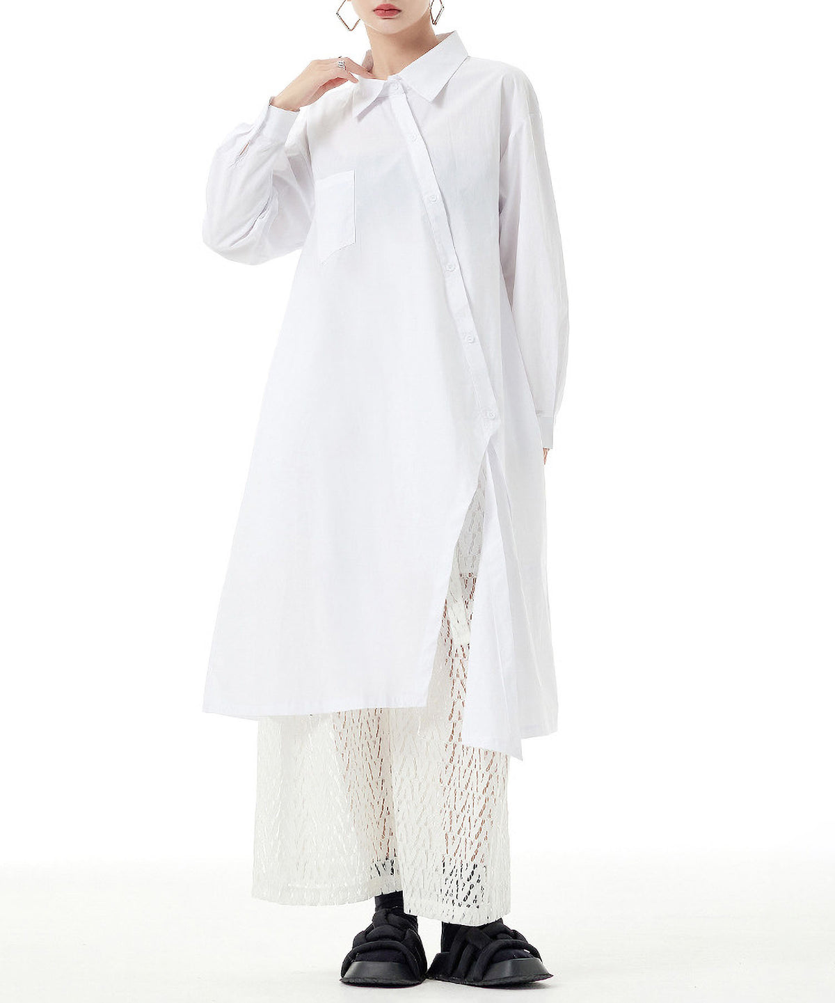 Diagonal Button Long Blouse