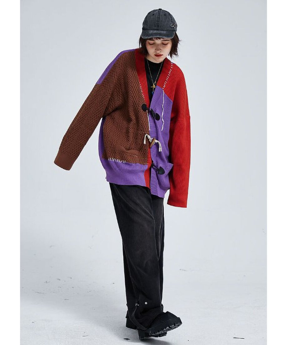 Two-Tone Patchwork Knit Cardigan