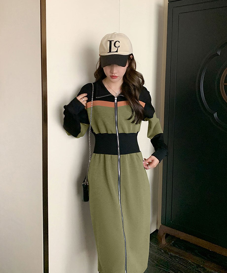 Color Block Zip-Up Long Dress