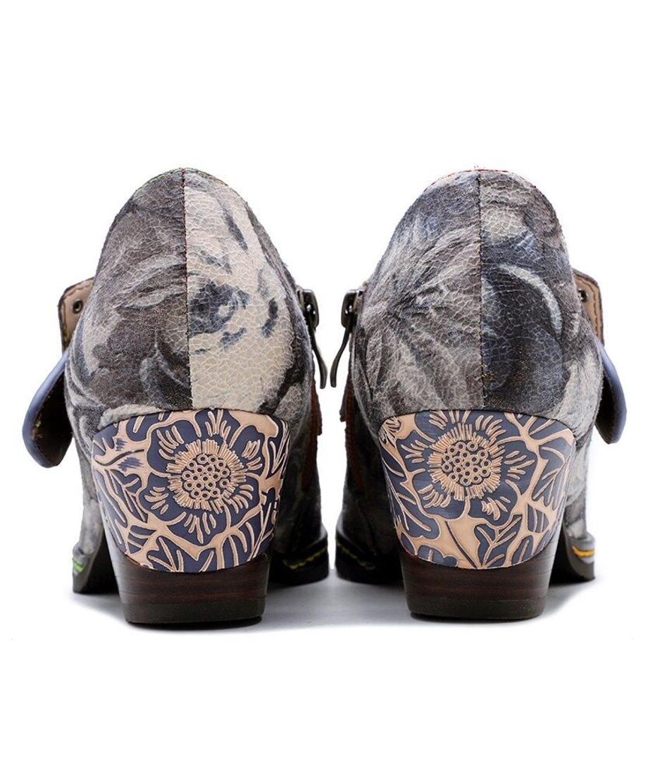 Vintage Floral Buckle Artistic Heel Shoes