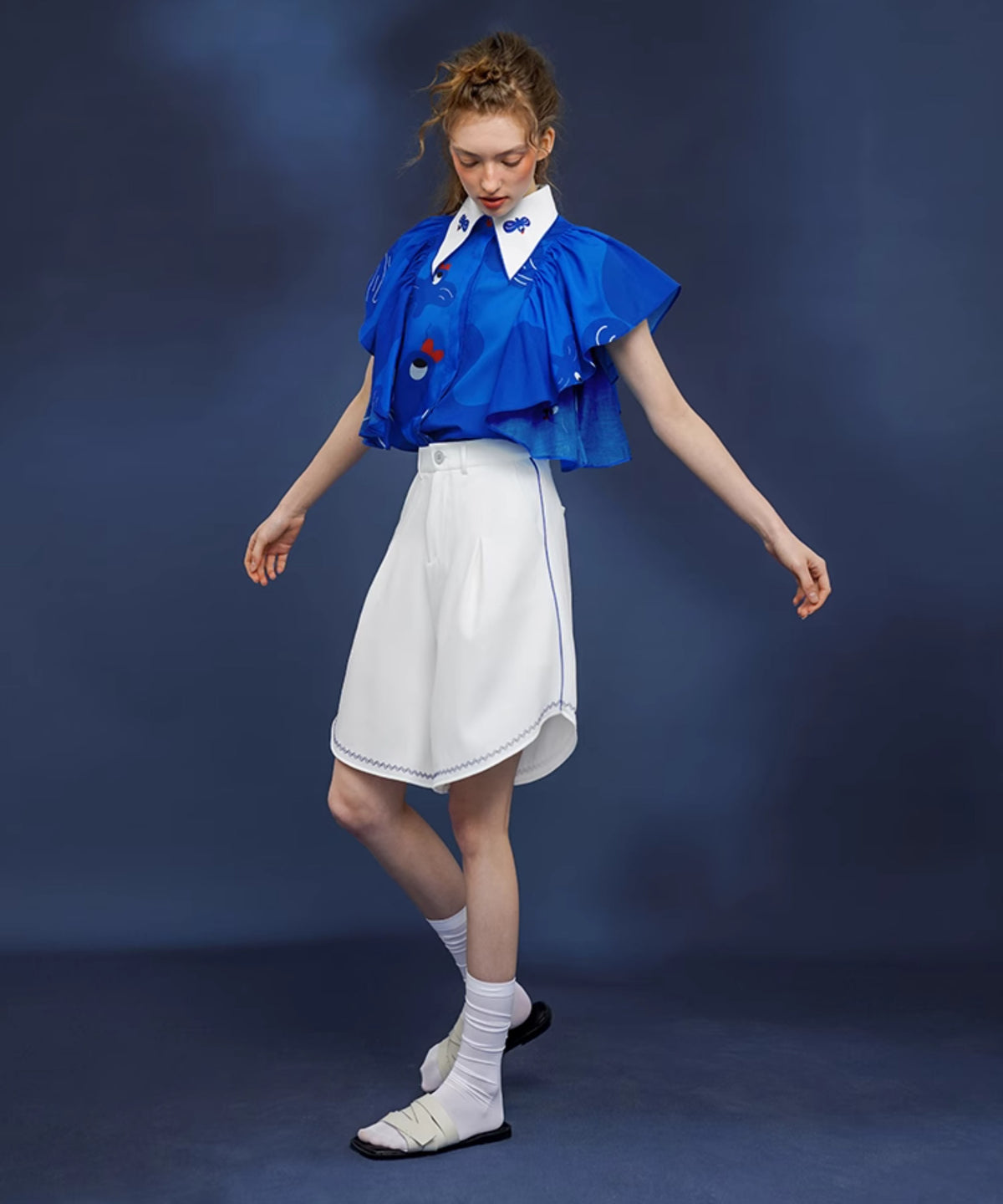 Blue Bird Ruffle Sleeve Blouse
