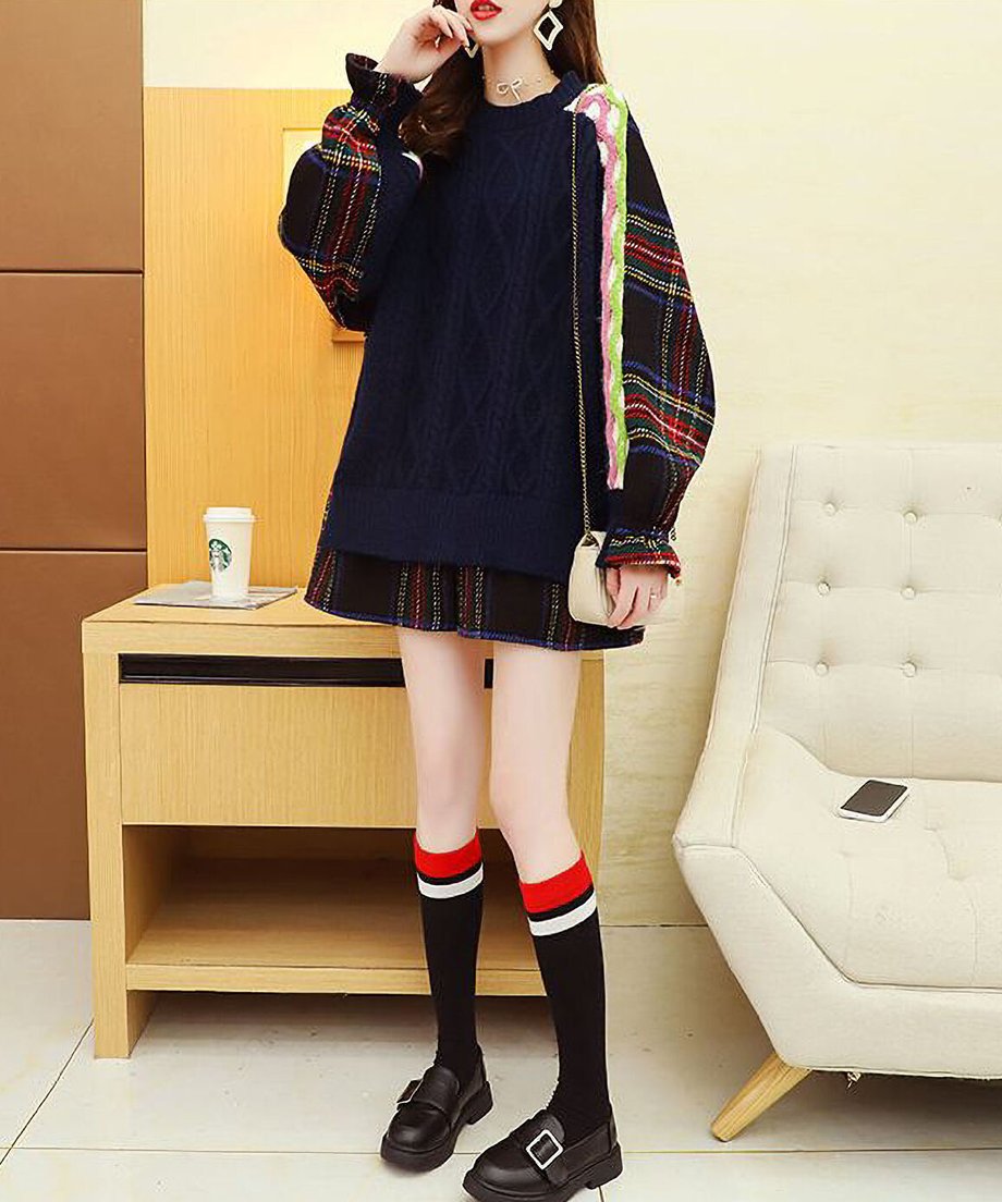 Back Plaid Cable Sweater