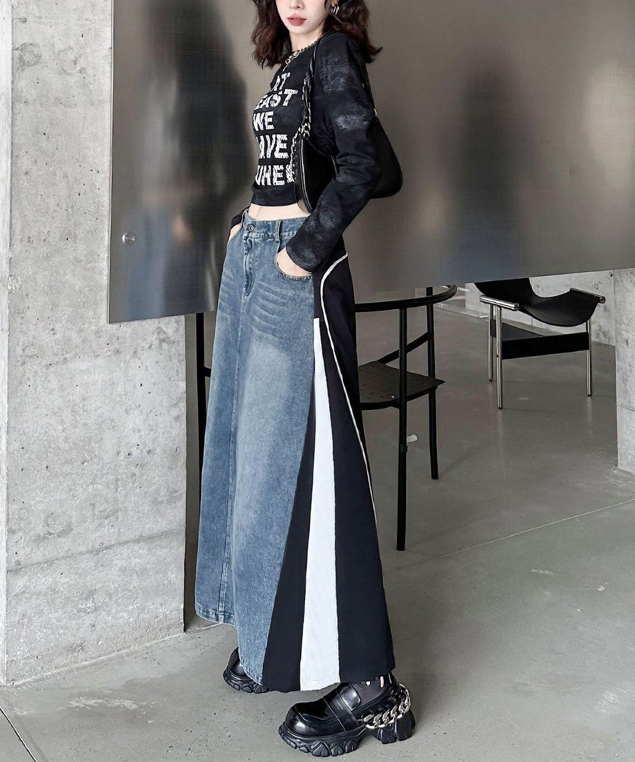 Hybrid Denim Flare Maxi Skirt