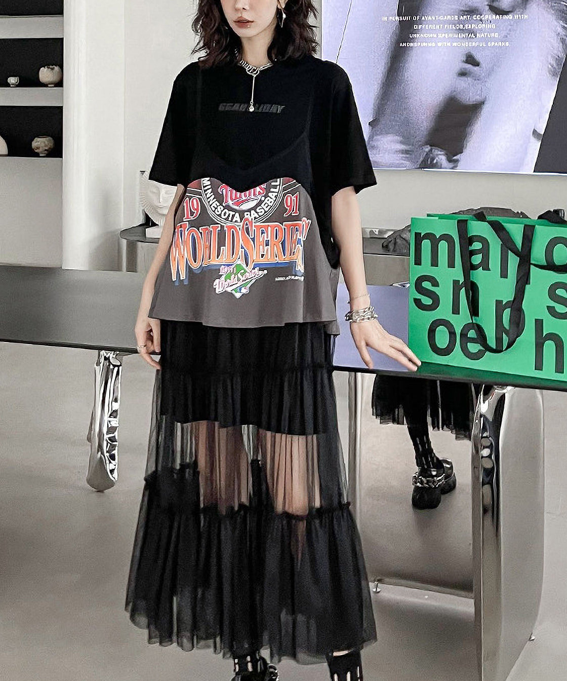 Loose T-shirts &amp; Mesh Dress Co-ord