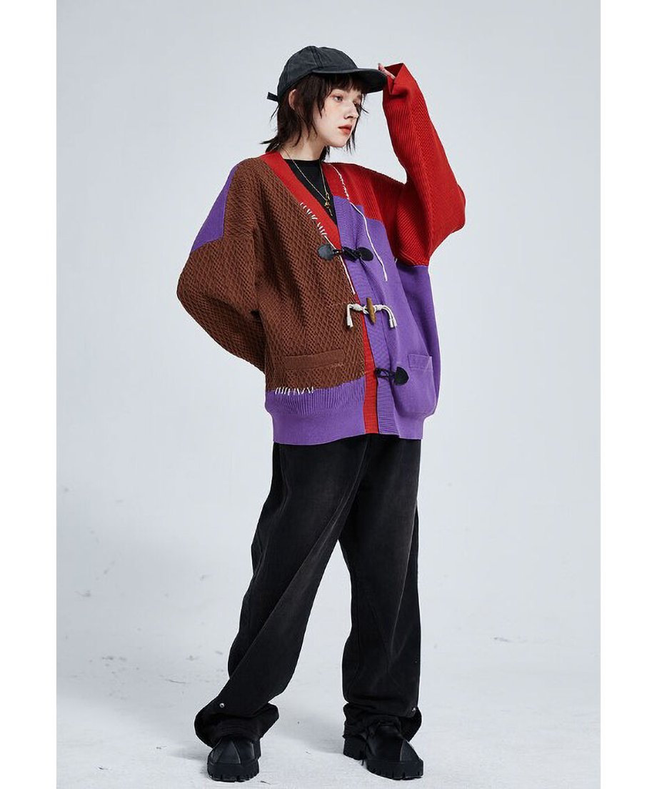 Two-Tone Patchwork Knit Cardigan
