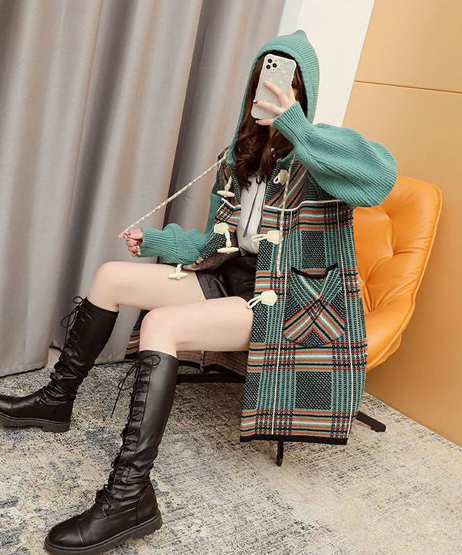 Plaid Patchwork Knit Hooded Jacket