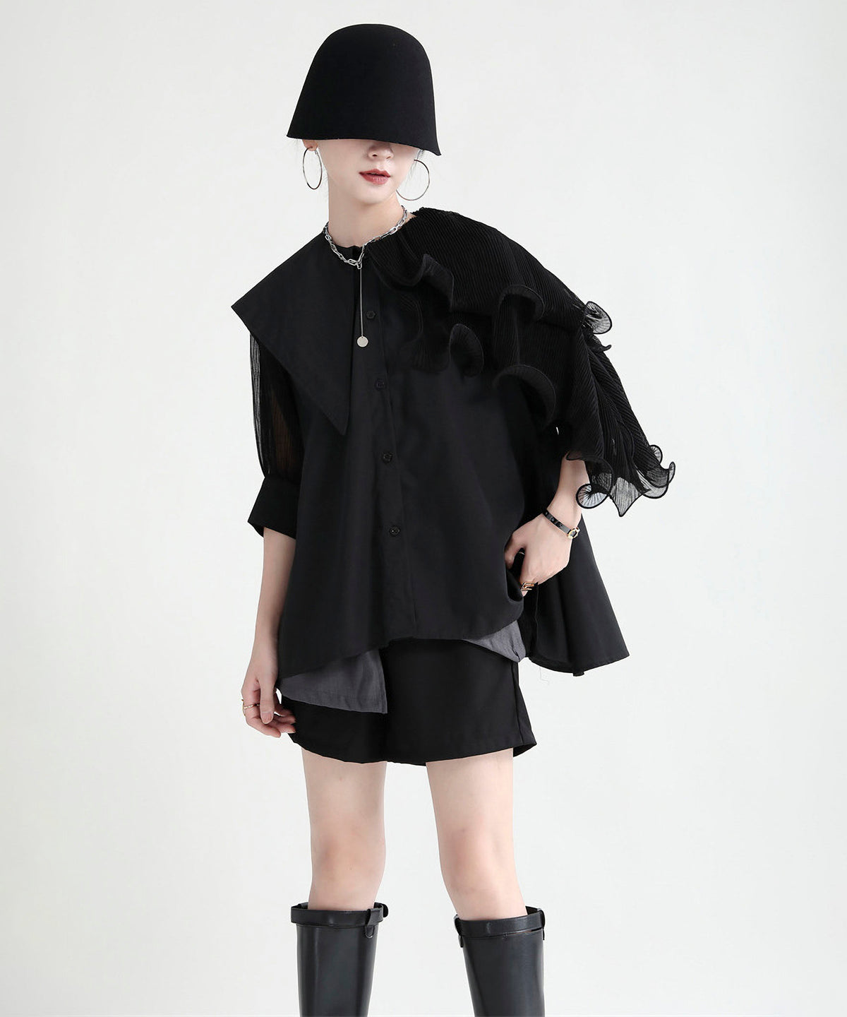 Ruffle Pleated Short Blouse