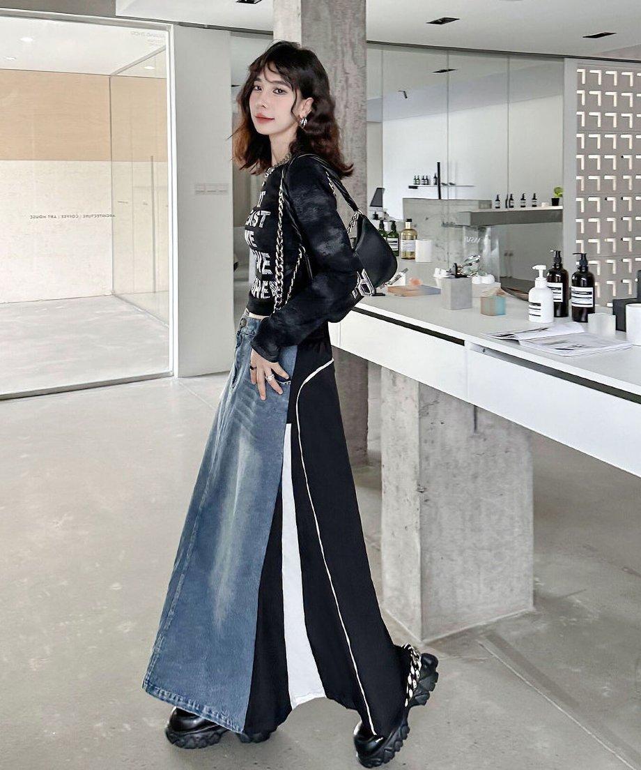 Hybrid Denim Flare Maxi Skirt