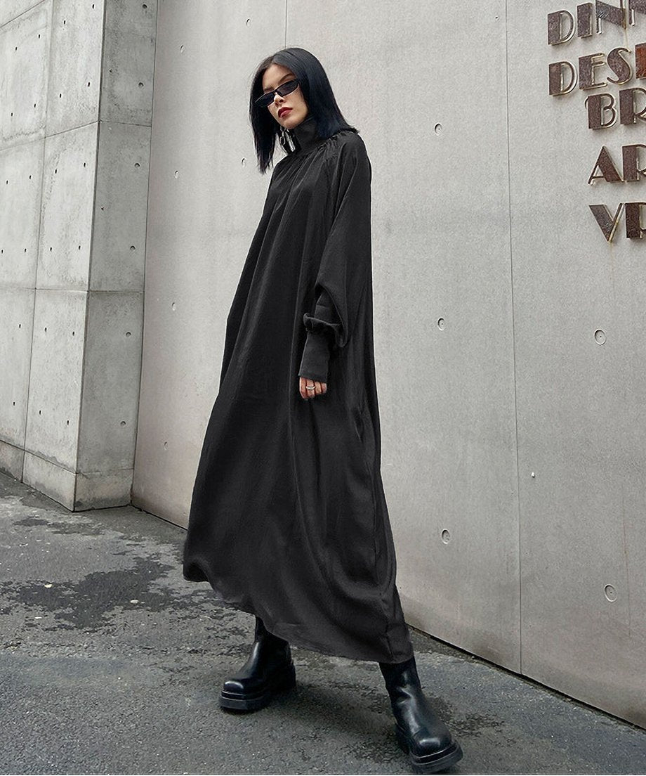 Glossy Gathered High Neck Dress