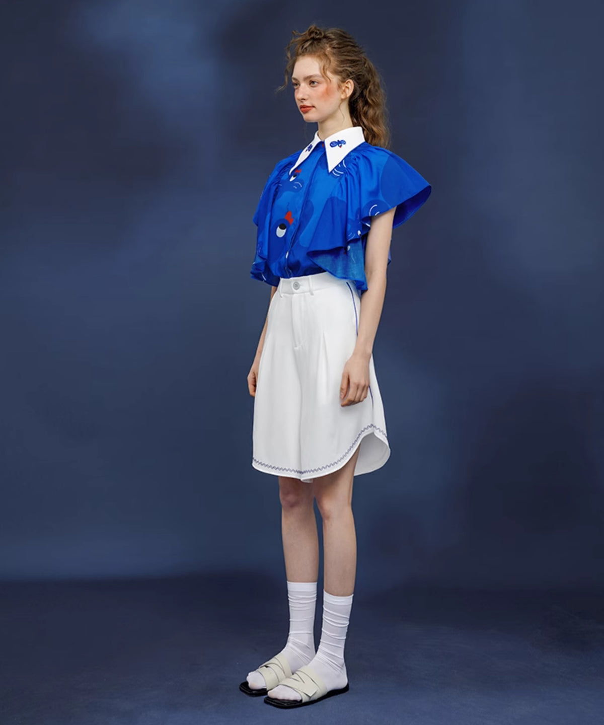 Blue Bird Ruffle Sleeve Blouse