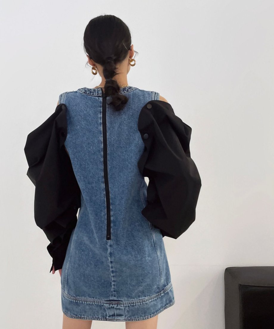 Detachable Sleeve Denim Mini Dress