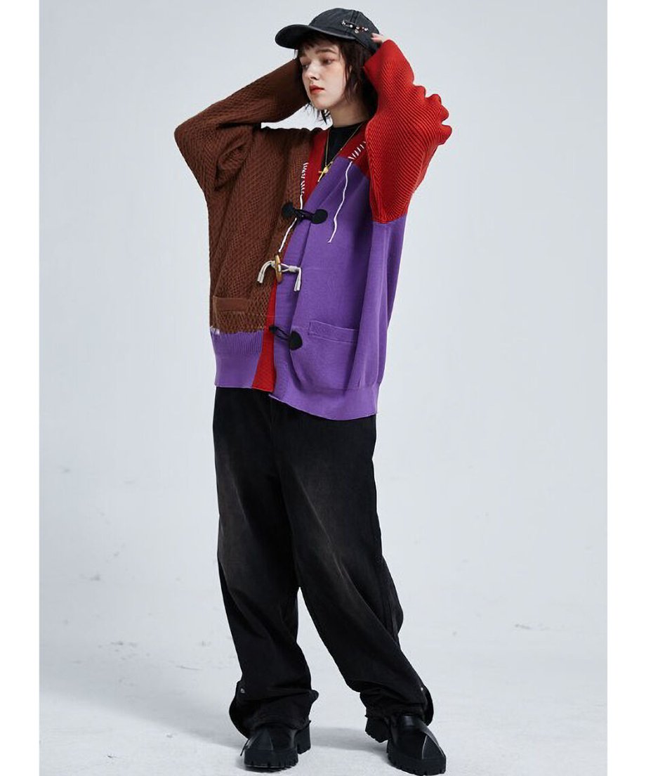 Two-Tone Patchwork Knit Cardigan