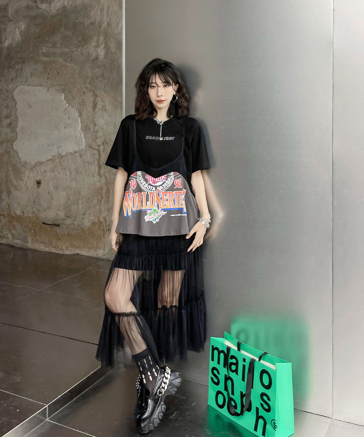 Loose T-shirts &amp; Mesh Dress Co-ord