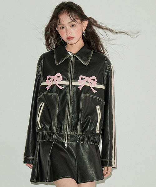 Ribbon Patchwork Faux Leather Jacket