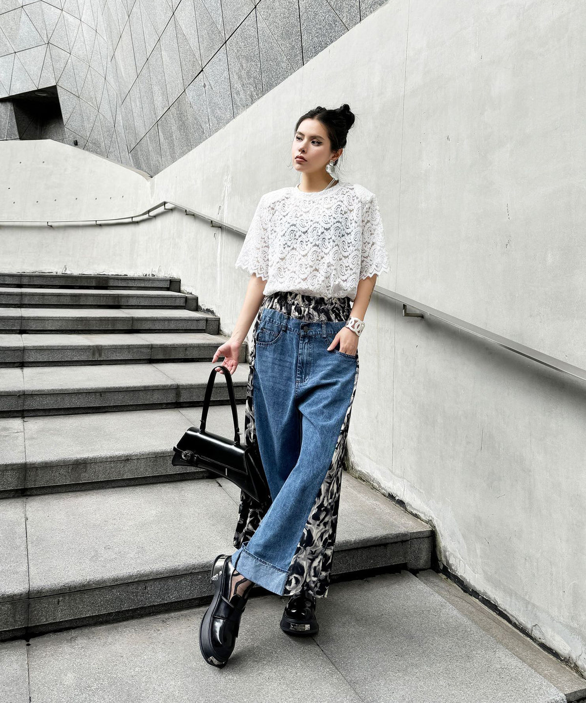 Side Pleated Denim Pants