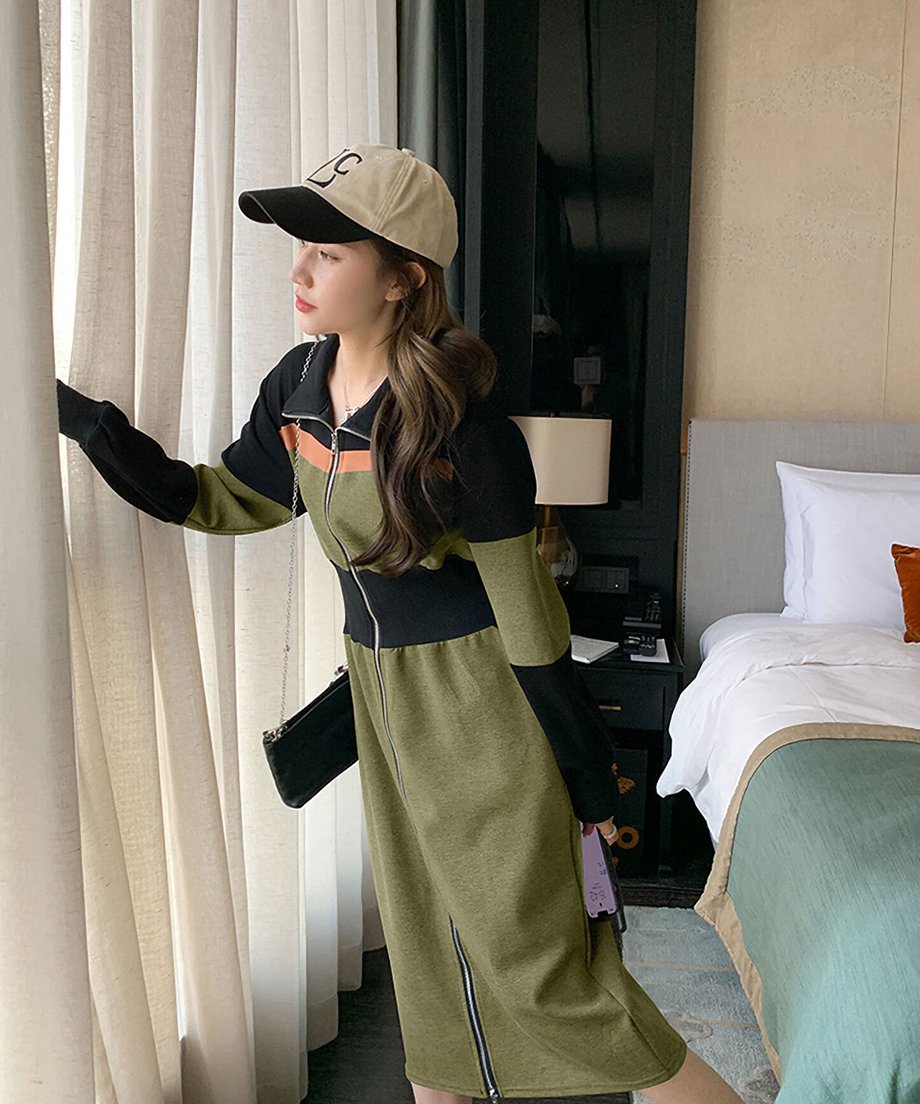 Color Block Zip-Up Long Dress