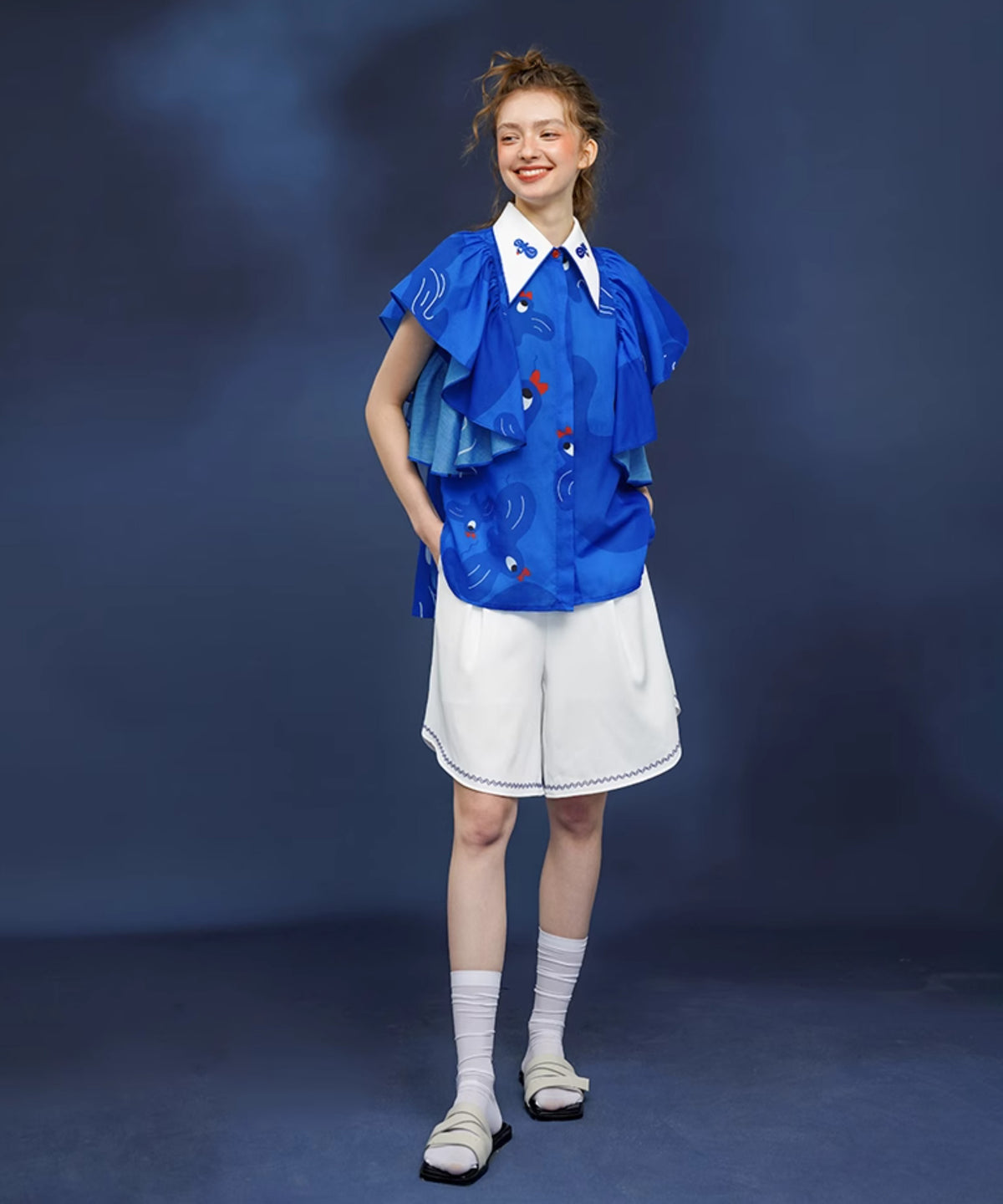 Blue Bird Ruffle Sleeve Blouse
