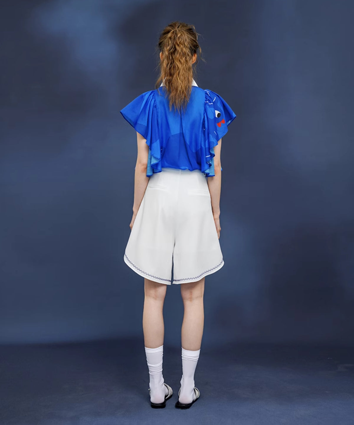 Blue Bird Ruffle Sleeve Blouse