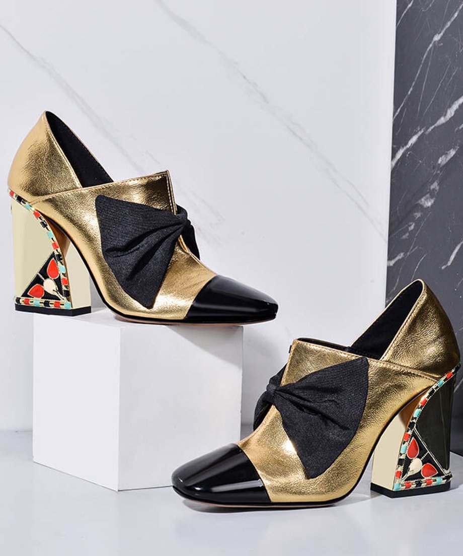 Metallic Bow Block Heel Shoes