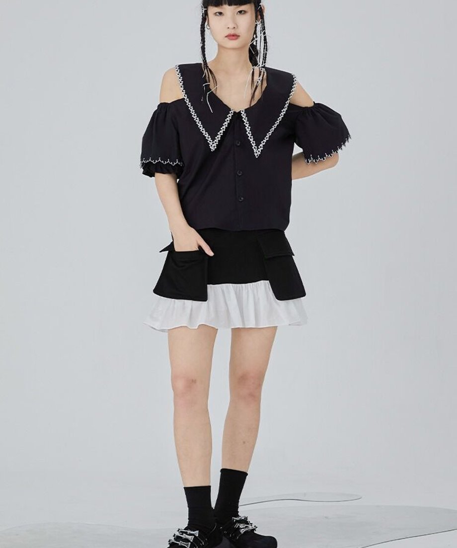 Lace Trim Cold Shoulder Blouse