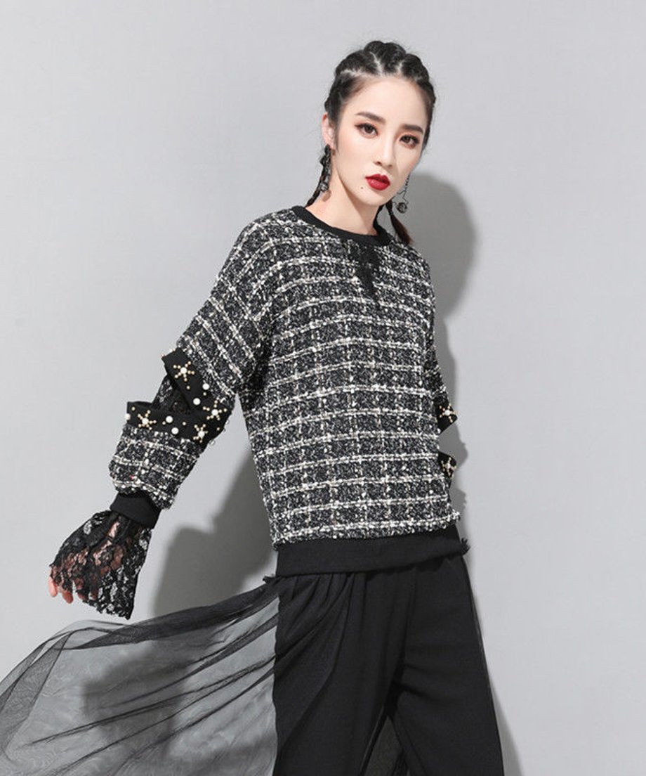 Cuff Lace Tweed Top