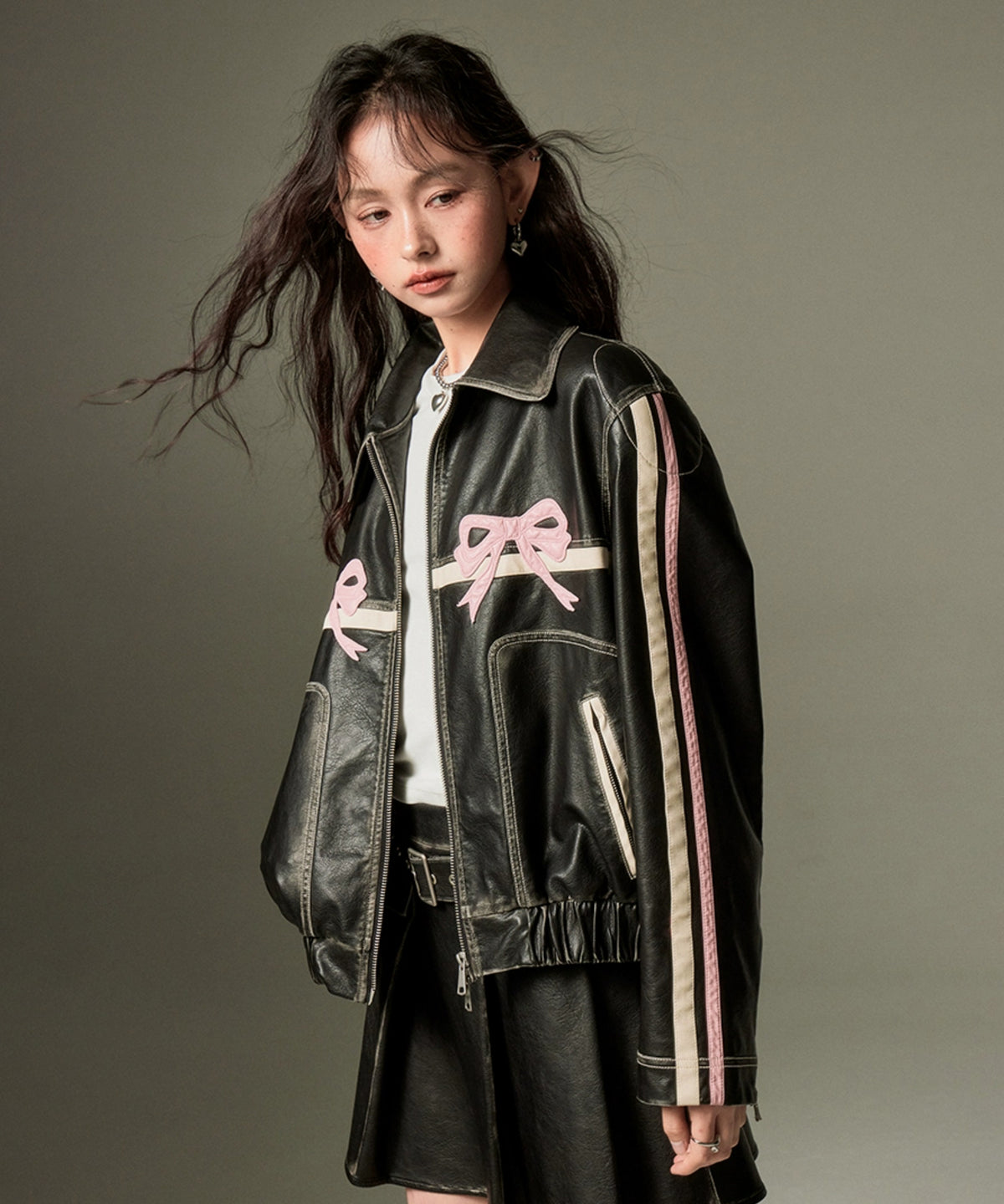 Ribbon Patchwork Faux Leather Jacket