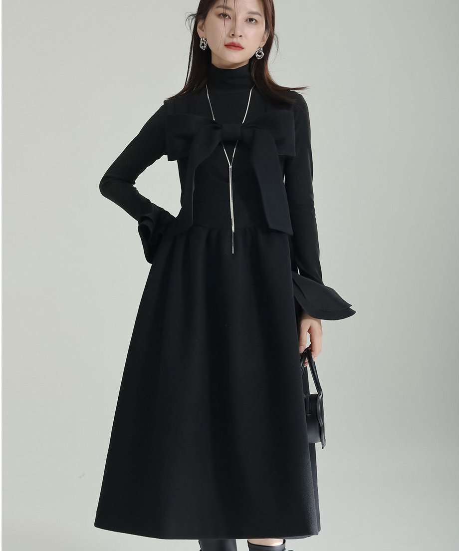 Bow Strap Wool Dress