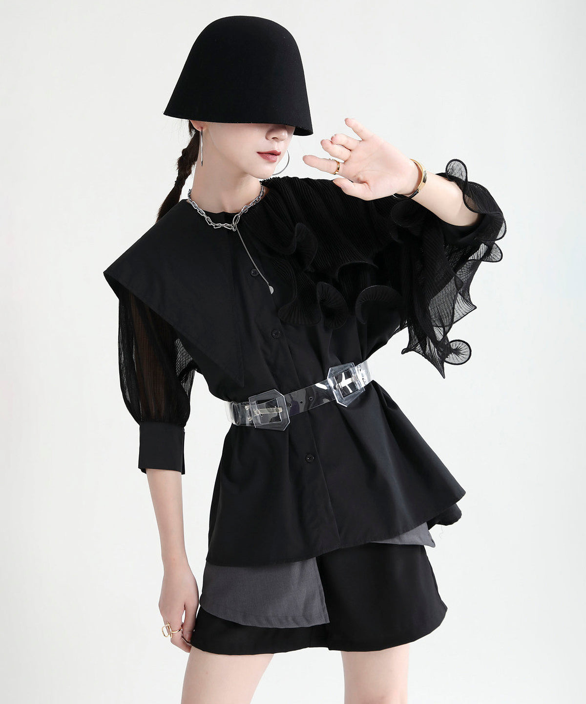 Ruffle Pleated Short Blouse